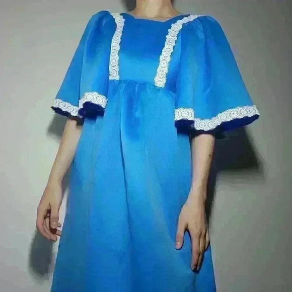 Vintage 70s bright blue babydoll maxi dress with big sleeves & lace ✦ Handmade ✦ - Picture 5 of 16
